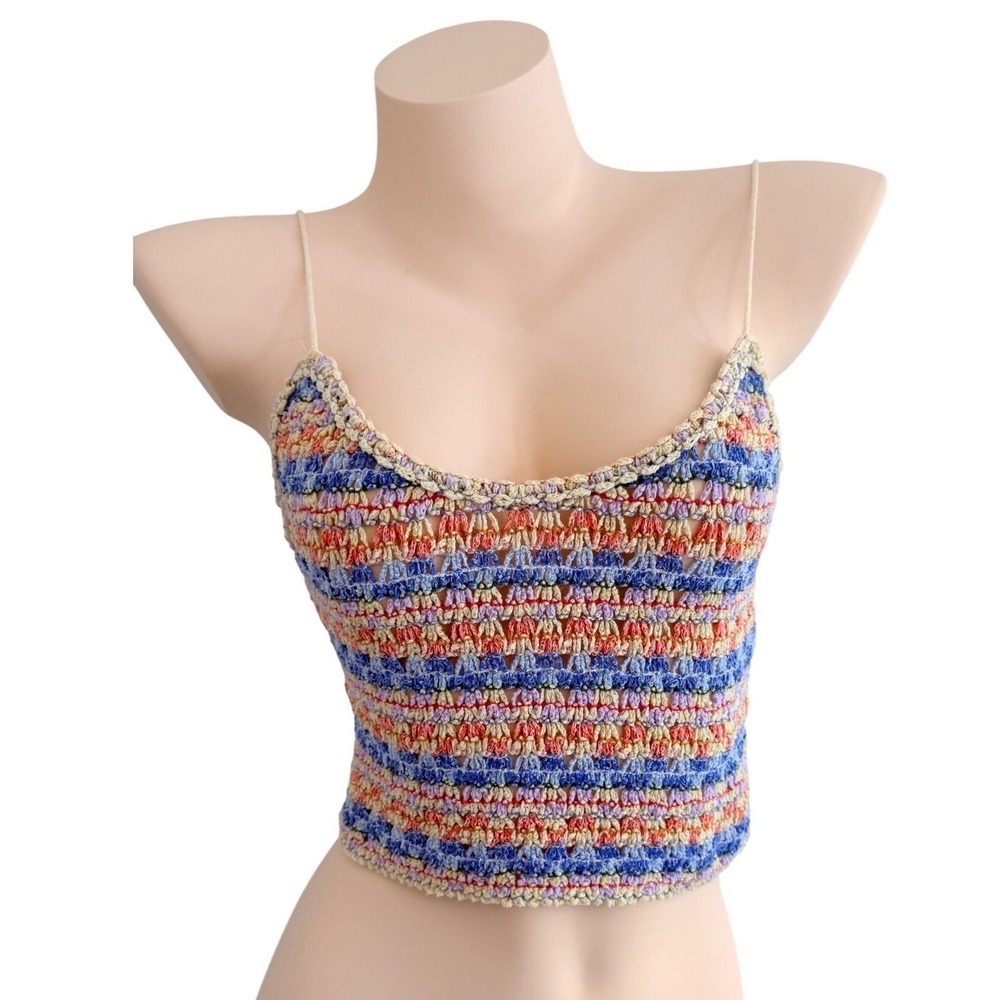 ZARA Crochet Knit Striped Cami Crop Top M Multicolor Rainbow Festival